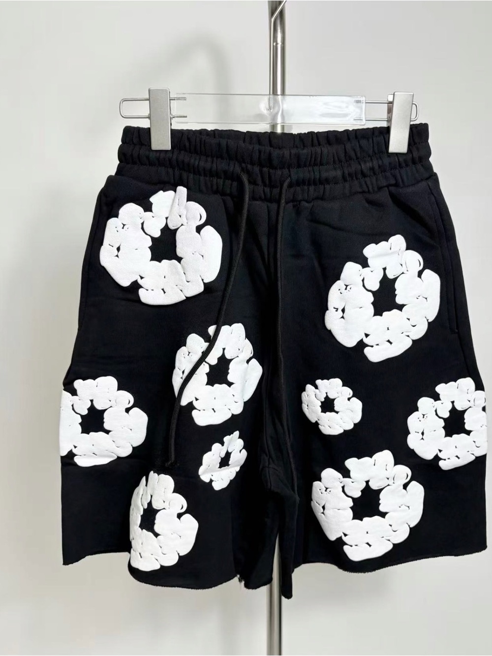 Men's Black Shorts with White Floral Motif